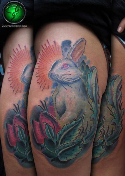 Tatuaggio Realistici Coniglio Coscia di Andre Cheko