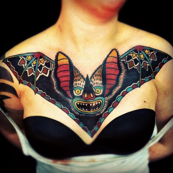 New School Chest Bat Tattoo by Matt Cooley