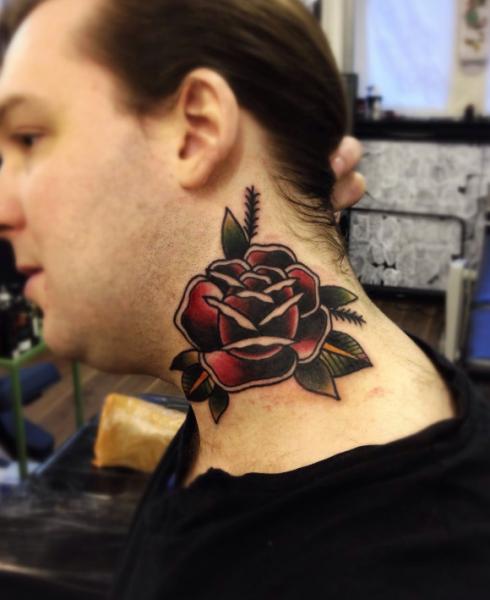 Old School Black Rose Tattoo On Guys Neck