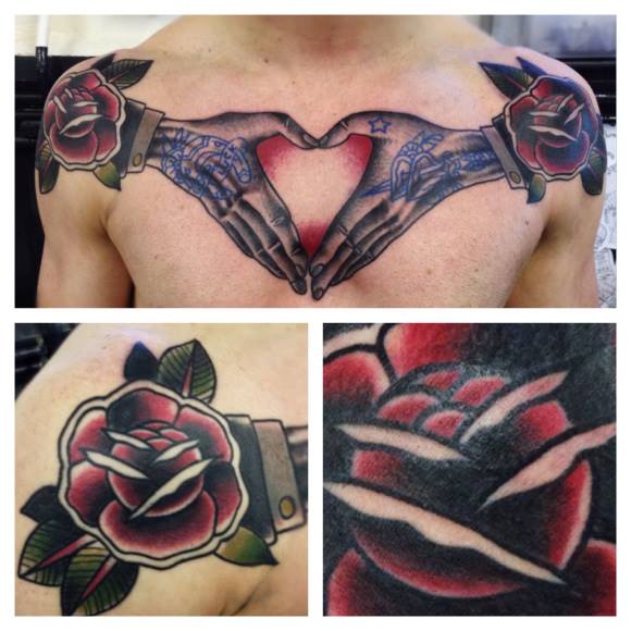 Schulter Brust Old School Blumen Tattoo von Matt Cooley