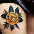 Old School Flower Thigh tattoo by Matt Cooley