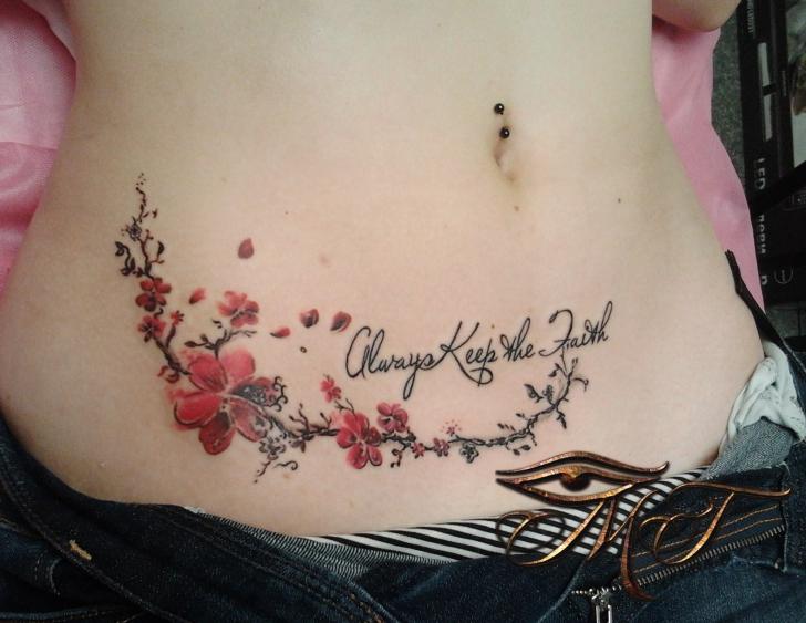 Realistic Flower Lettering Belly Tattoo by Михалыч Тату