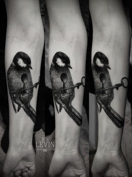Arm Dotwork Bird Key Lock Tattoo by Ien Levin