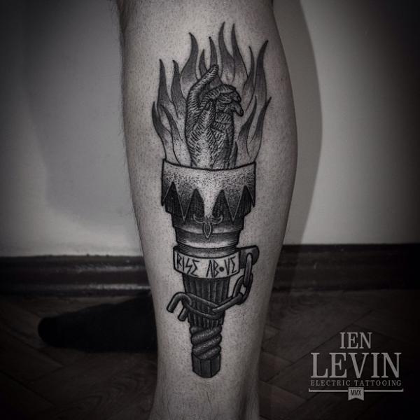 Calf Dotwork Flame Tattoo by Ien Levin