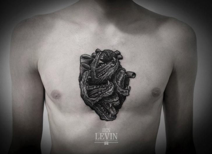 Chest Heart Dotwork Tattoo by Ien Levin