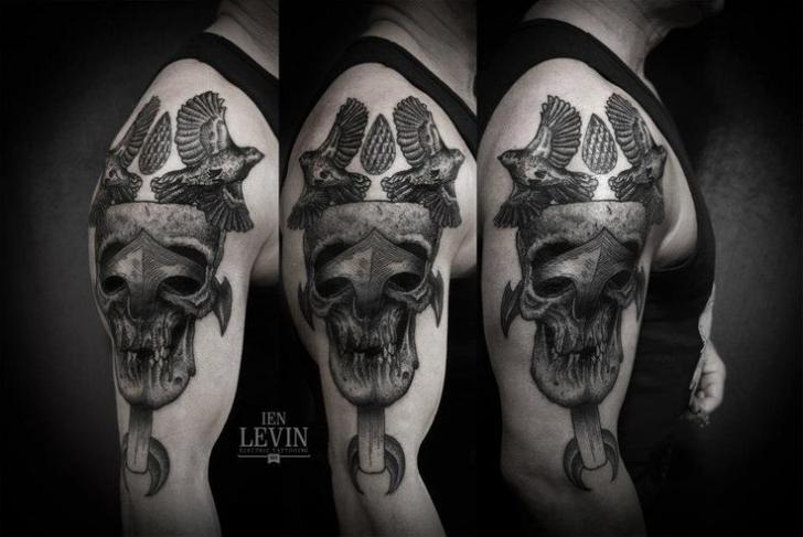 Shoulder Skull Dotwork Bird Tattoo by Ien Levin