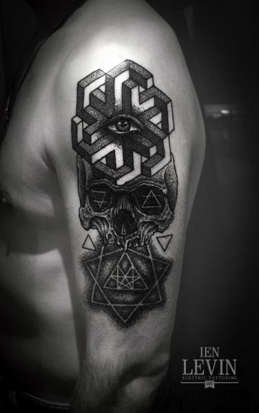Shoulder Skull Dotwork Abstract Tattoo by Ien Levin
