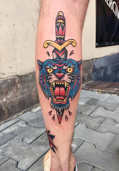 New School Calf Tiger Dagger Tattoo by Art Force Tattoo