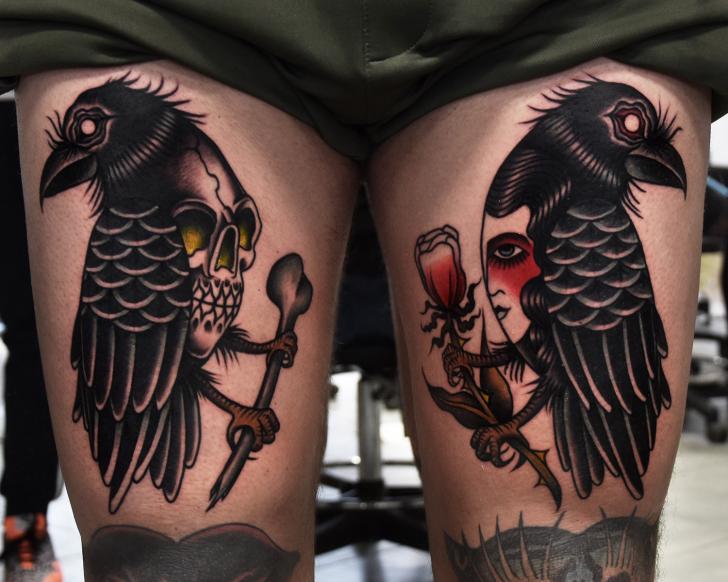 Old School Crow Thigh Tattoo by Art Force Tattoo