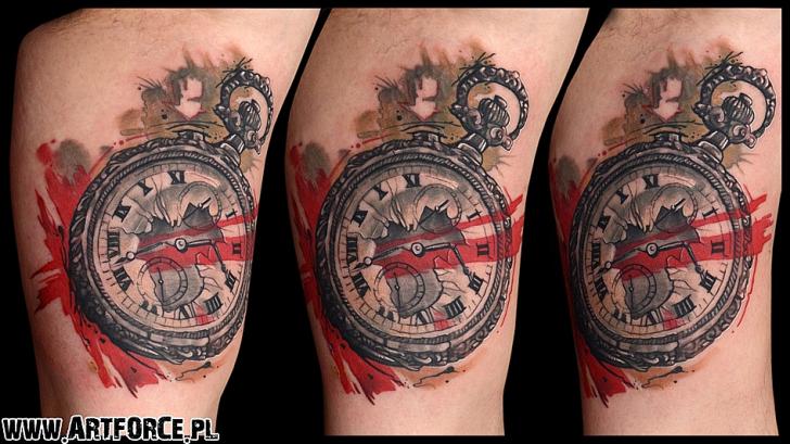 Clock Trash Polka Tattoo by Art Force Tattoo