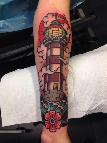 Arm New School Lighthouse Tattoo by Filip Henningsson