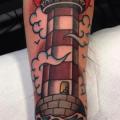 Arm New School Lighthouse tattoo by Filip Henningsson