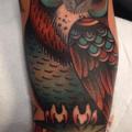 Arm New School Owl tattoo by Filip Henningsson