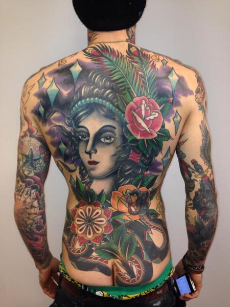 New School Snake Flower Women Back Tattoo by Filip Henningsson