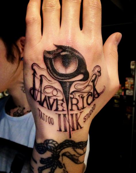 Lettering Hand Eye Tattoo by Maverick Ink