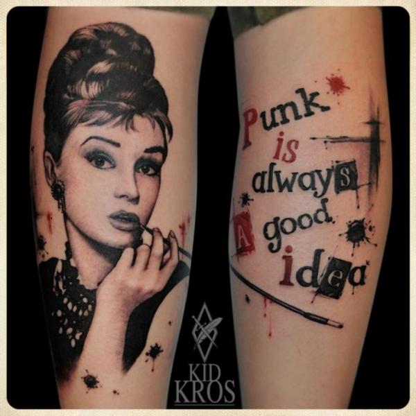 Portrait Leg Lettering Trash Polka Tattoo by Kid Kros