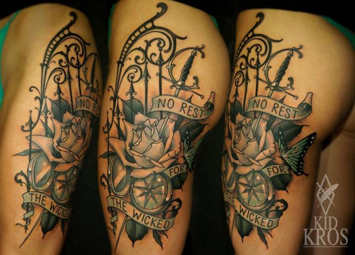 Shoulder Flower Compass Tattoo by Kid Kros