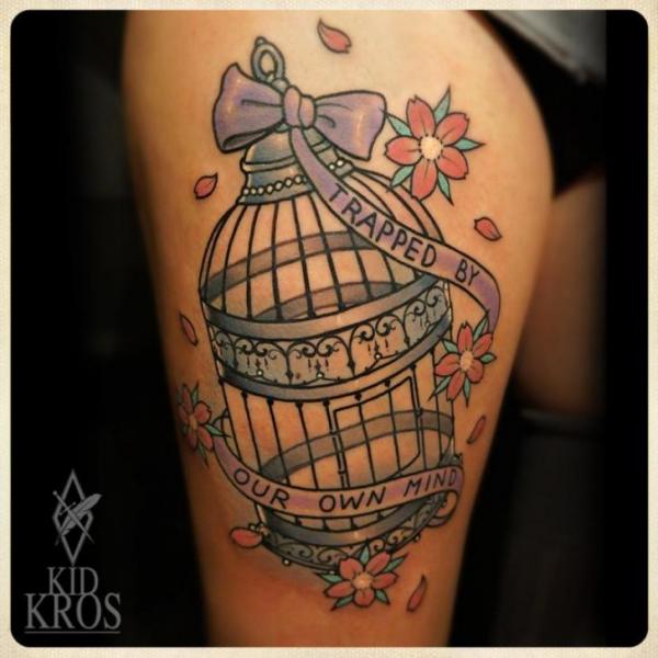 Cage Thigh Tattoo by Kid Kros