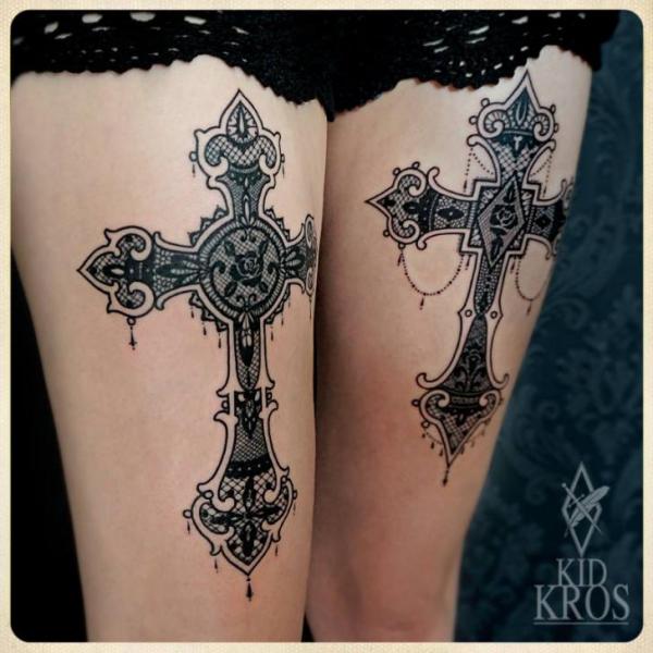 Crux Thigh Tattoo by Kid Kros