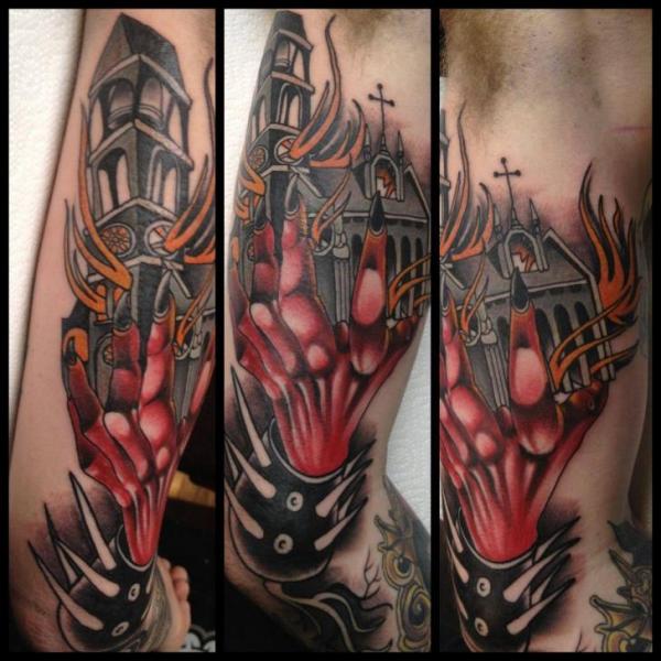 Arm Fantasy Hand Church Flame Tattoo by Into You Tattoo