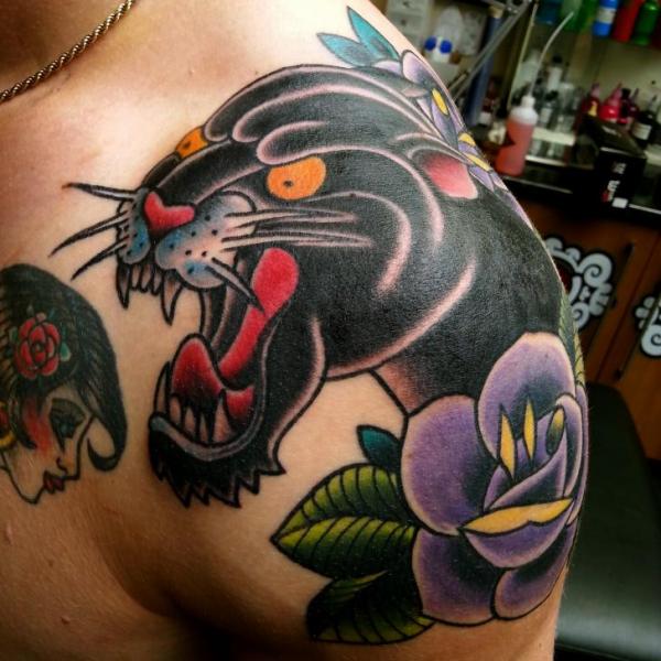 Shoulder Old School Panther Tattoo by Into You Tattoo