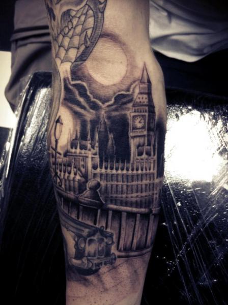 Arm Realistic Big Ben Tattoo by Front Line Tattoo