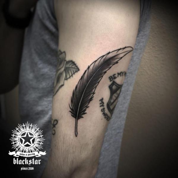 Arm Feather Tattoo by Black Star Studio