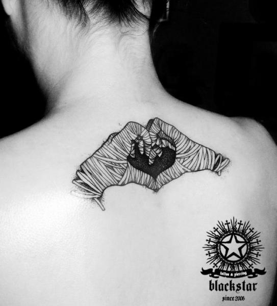 Heart Hand Back Neck Tattoo by Black Star Studio