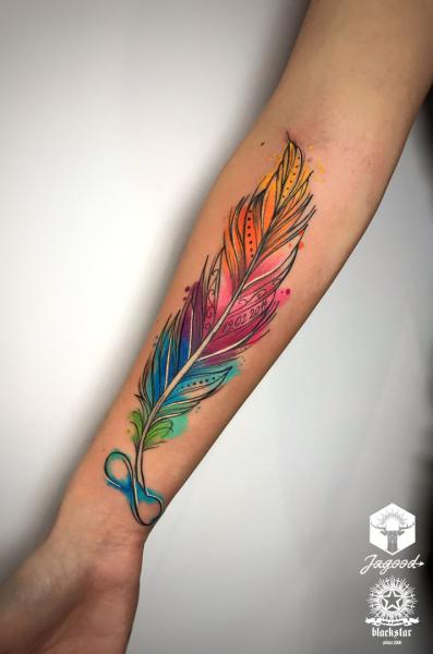 Arm Feather Water Color Tattoo by Black Star Studio
