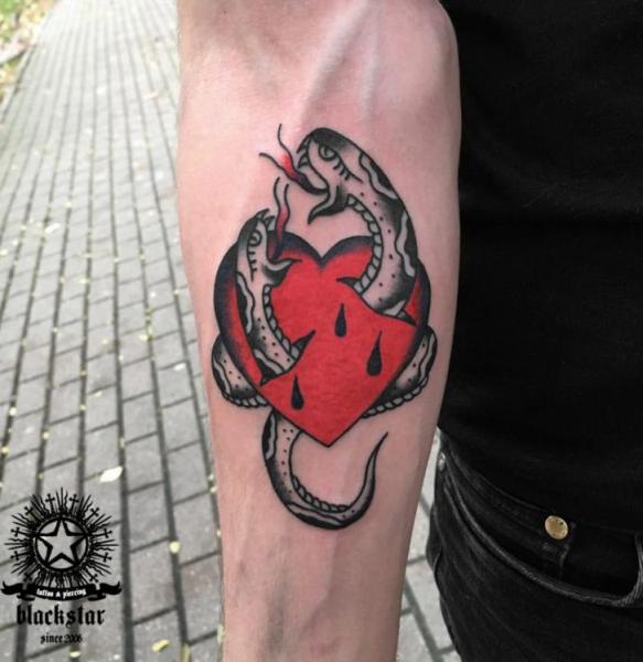 Snake Old School Heart Tattoo by Black Star Studio