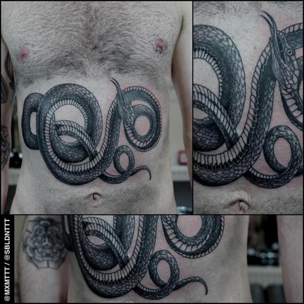Tatouage Serpent Ventre Dotwork par MXM