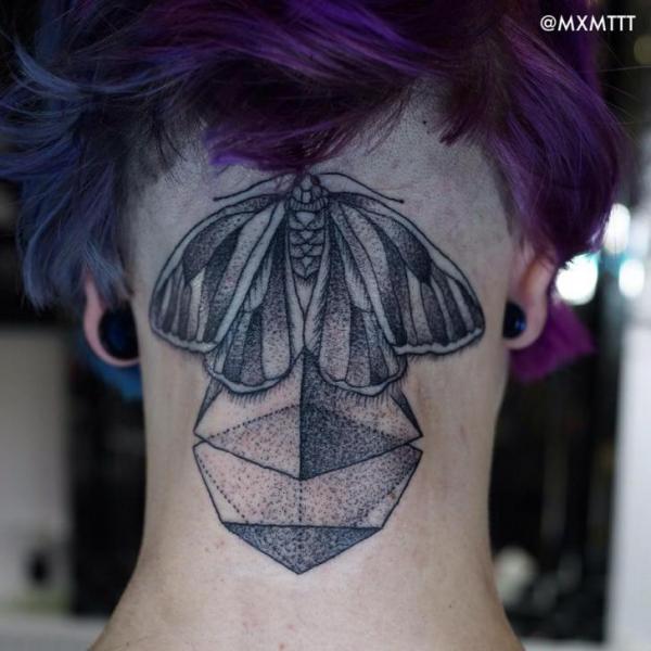 Neck Dotwork Moth Tattoo by MXM