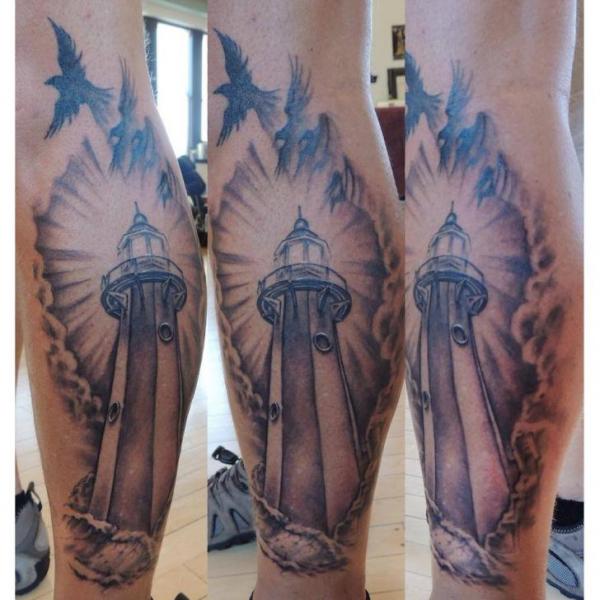 Realistic Calf Lighthouse Tattoo by Firefly Tattoo