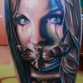 Calf Skull Women Moth tattoo by Peter Tattooer