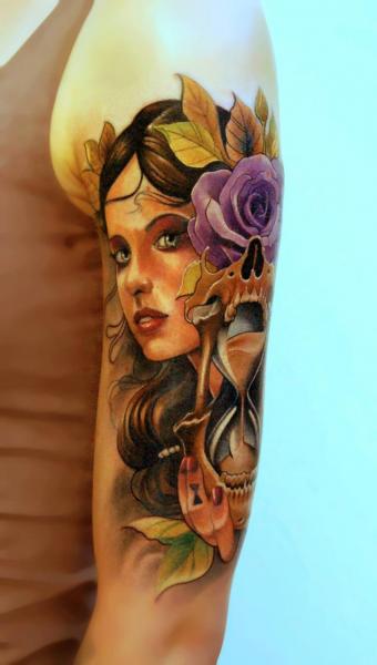 Shoulder Skull Women Clepsydra Tattoo by Peter Tattooer
