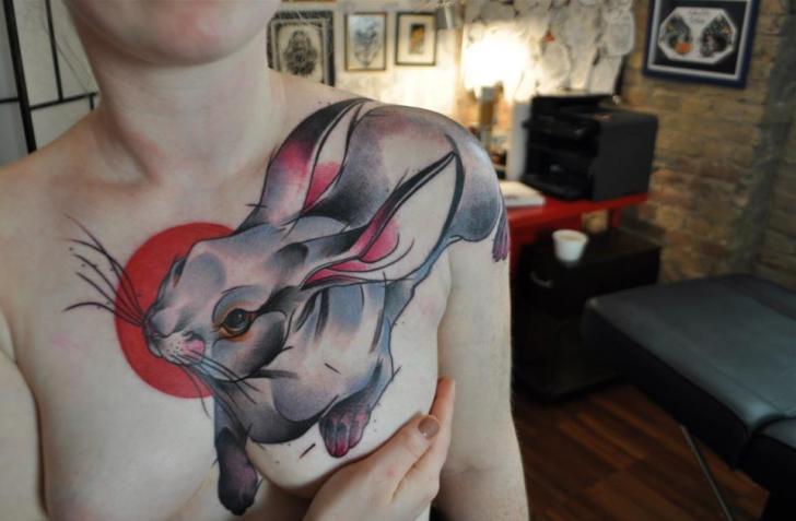 Shoulder Rabbit Breast Tattoo by Mark Halbstark