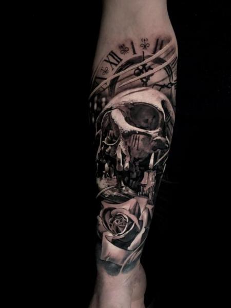 Arm Clock Skull Tattoo by Endorfine Studio
