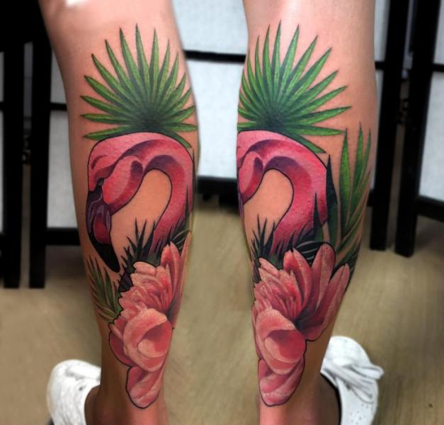 Calf Flower Flamingo Tattoo by Endorfine Studio