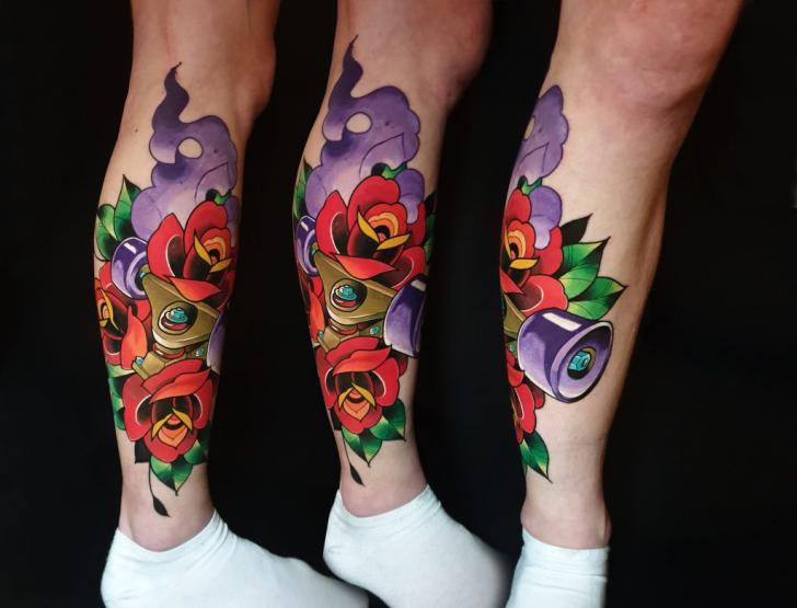 Calf Leg Flower Skate Tattoo by Endorfine Studio