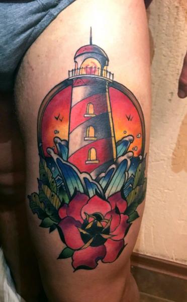 Lighthouse Thigh Tattoo by Endorfine Studio