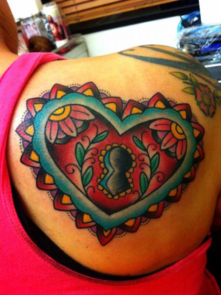 Shoulder New School Heart Lock Tattoo by Alex Strangler