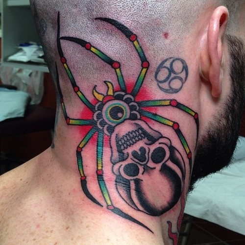 New School Skull Head Neck Spider Tattoo by Marc Nava