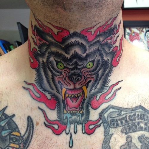 New School Wolf Neck Tattoo by Marc Nava