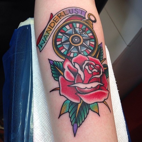 New School Rose Compass Tattoo by Marc Nava