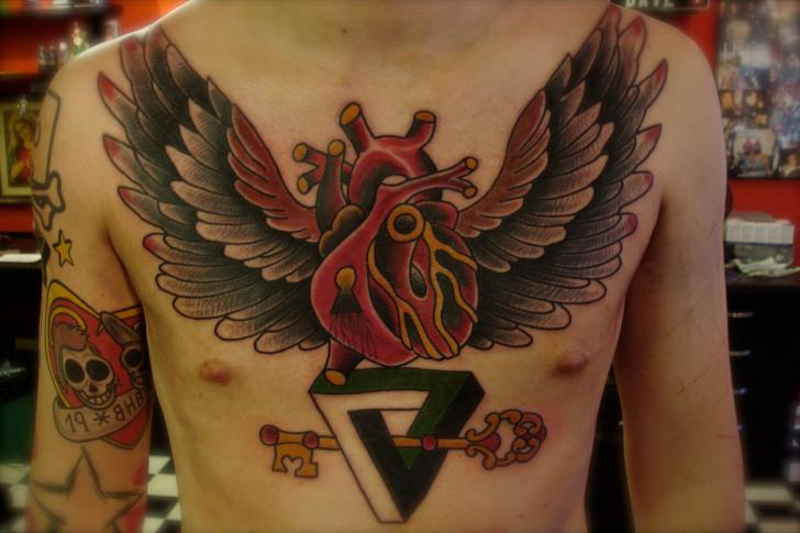 Chest Heart Wings Tattoo by Destroy Troy Tattoos