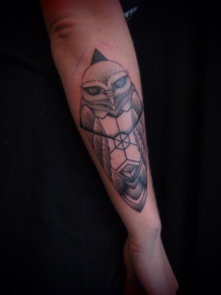 Arm Owl Tattoo by Papanatos Tattoos