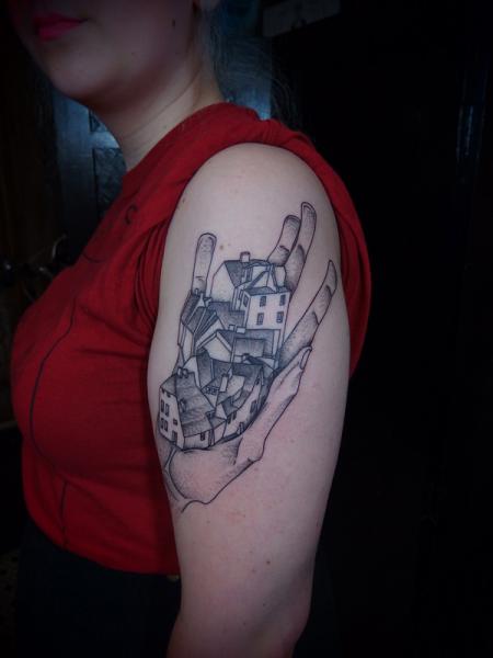 Shoulder Fantasy Dotwork Tattoo by Papanatos Tattoos