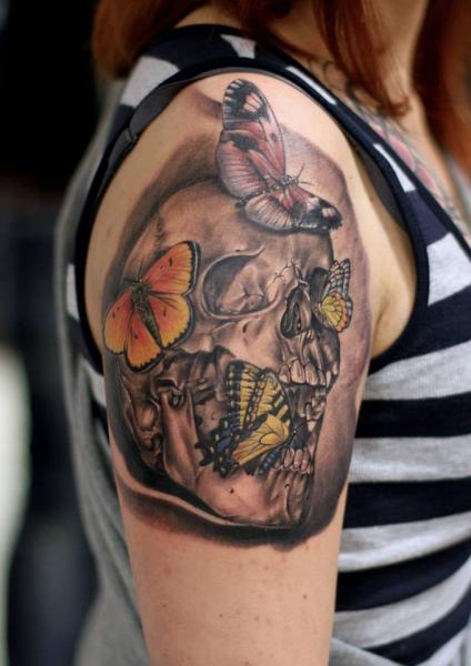 Shoulder Skull Butterfly Tattoo by Da Silva Tattoo