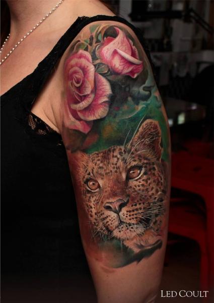 Shoulder Realistic Flower Tiger Tattoo by Led Coult