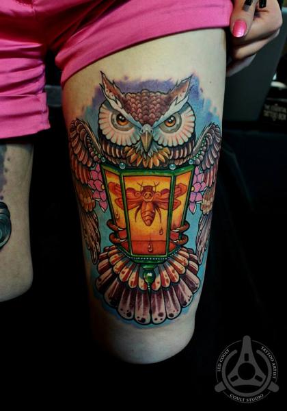 New School Owl Lamp Thigh Tattoo by Led Coult